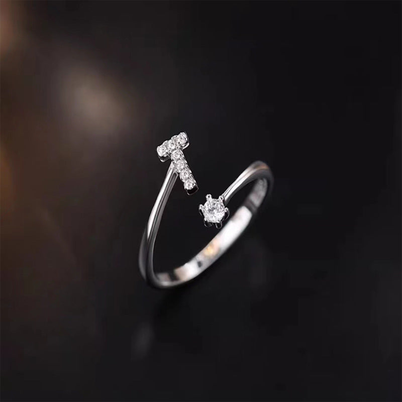 26 English Letters Zircon Sterling Silver S925 Adjustable Ring Jewelry