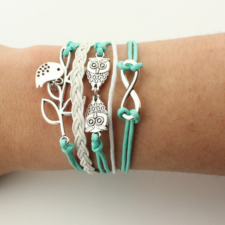Fashion Multi-Element Leaf Heart Butterfly Owl Braided Women's Bracelet