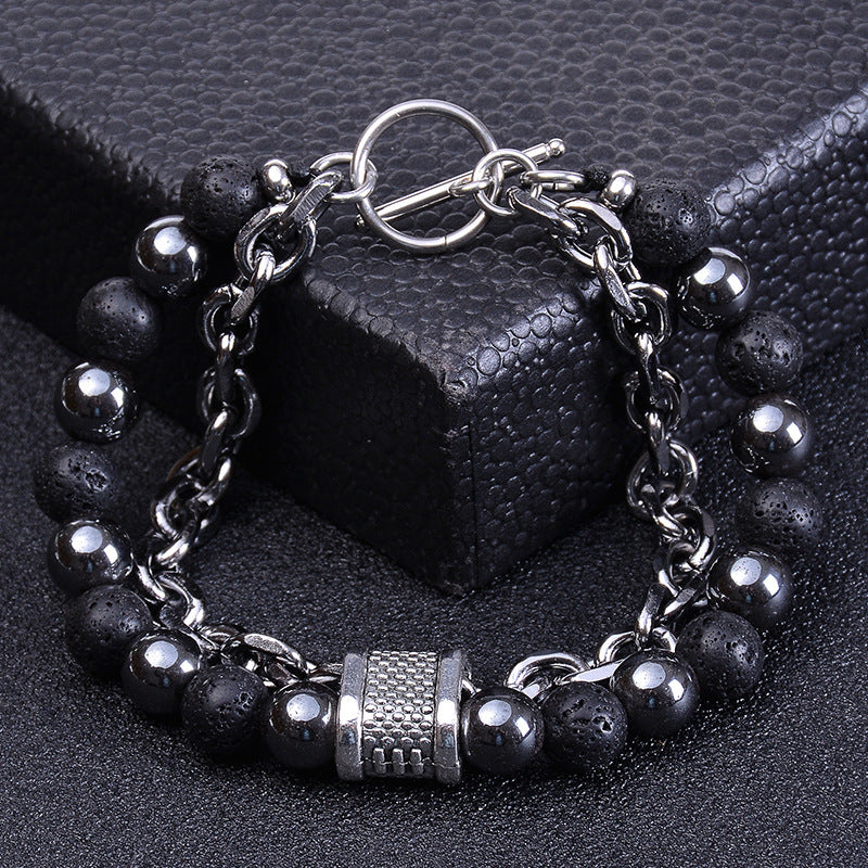 Geometric Natural Stone Lava Bead Stainless Steel Double Layer Bracelet