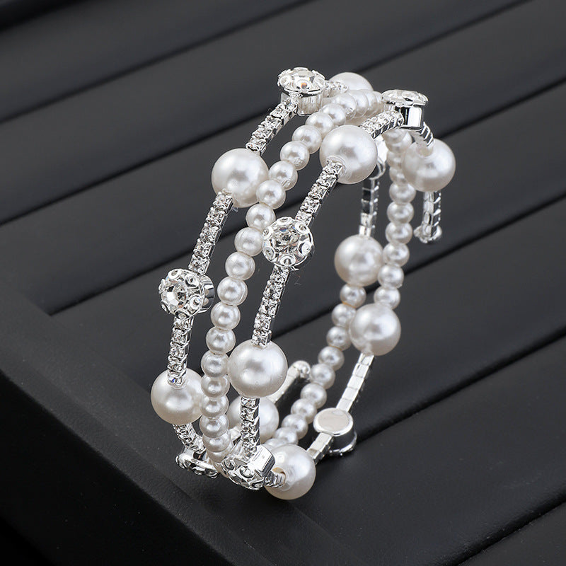 Fashion Rhinestone Pearl Multi-layer Wrap Bracelet