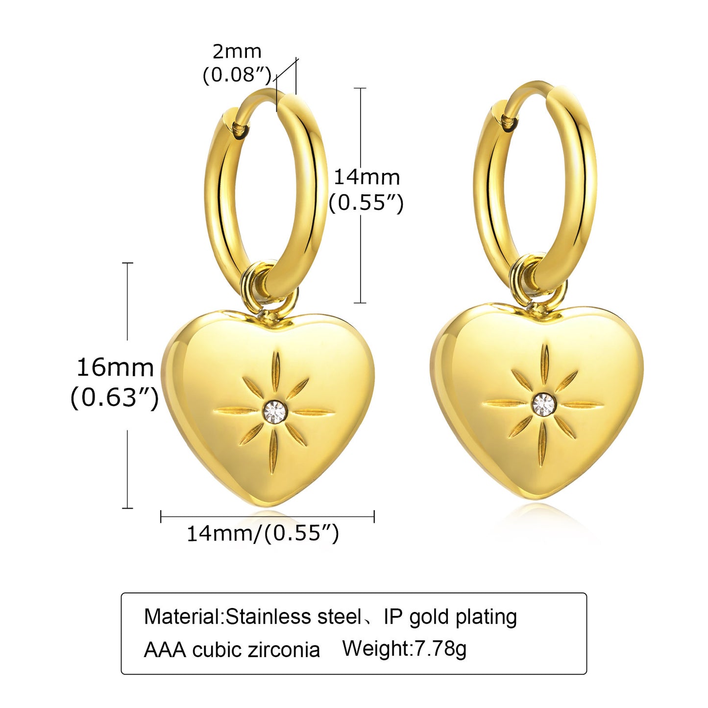 1 Pair 18K Gold Plated Star and Twisted Hoop Stainless Steel Drop Earrings with Zircon Inlay