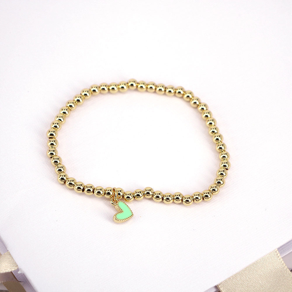 Gold Ball Beaded Heart-shaped Elastic Bracelet with Colorful Oil Drop Accents