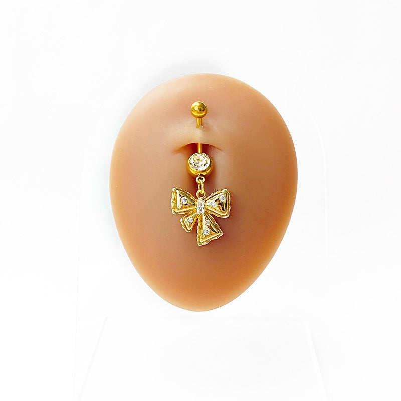 Simple Heart Butterfly Bow Knot Rhinestone Zircon Belly Ring in White and Gold Plated Stainless Steel