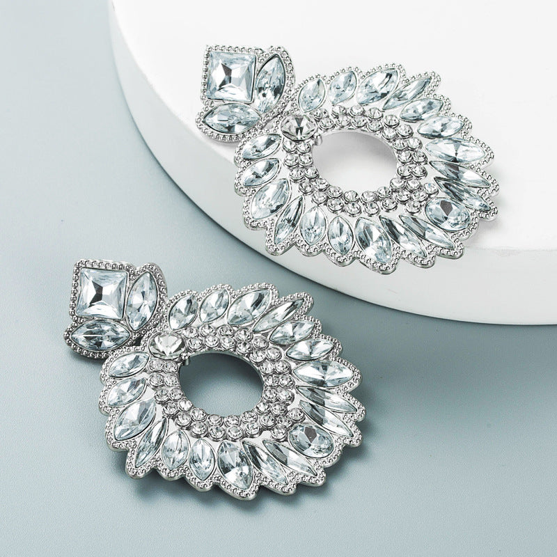 Geometric Flower Rhinestone Inlaid Pendant Earrings