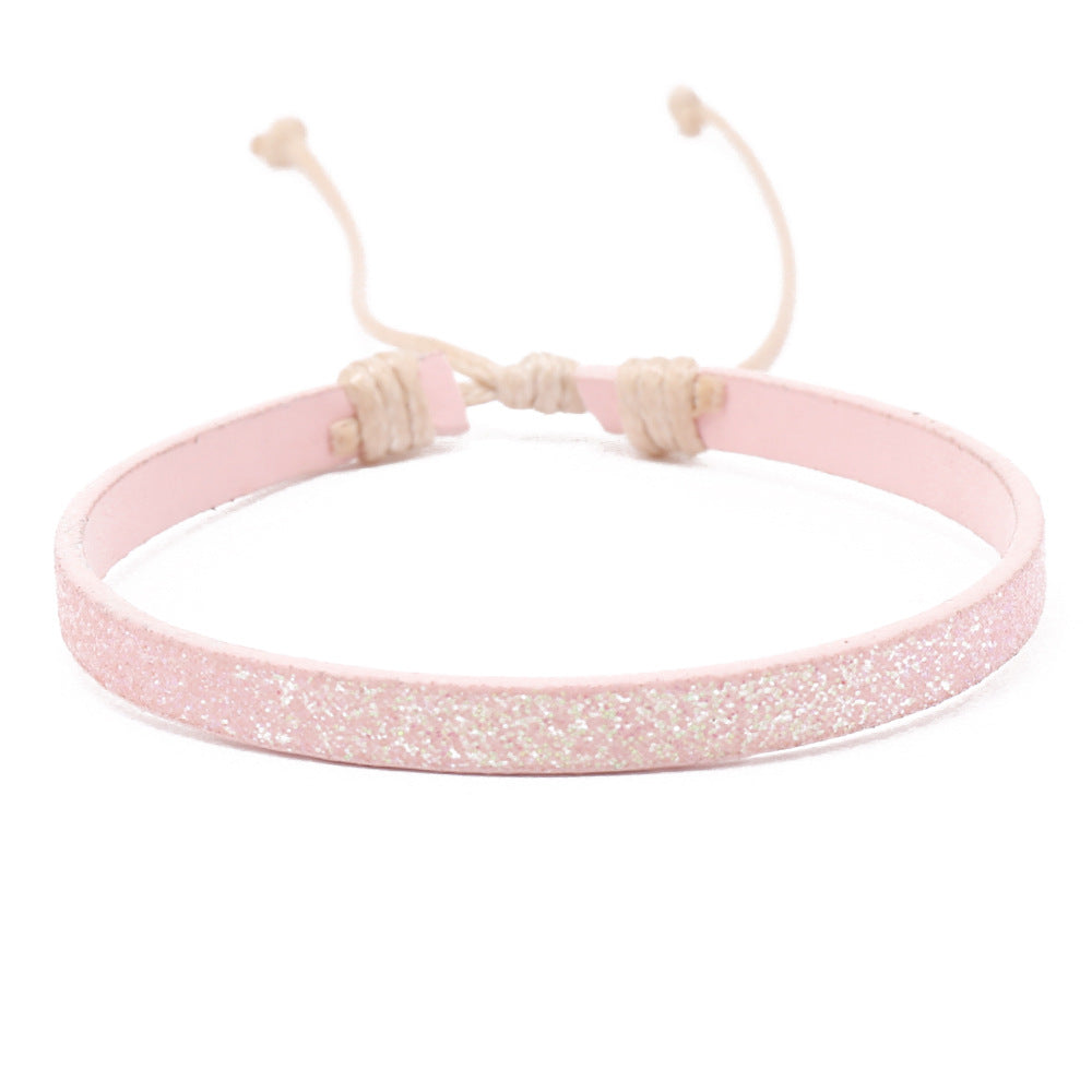 Bohemian Solid Color PU Leather Rope Sequin Handmade Adjustable Bracelet
