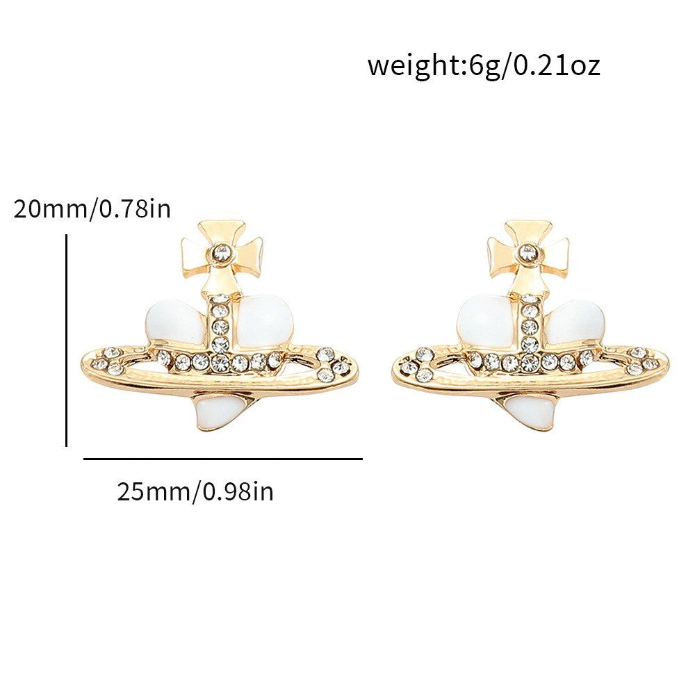 Heart Shape Alloy Pendant Necklace with Rhinestone Inlay and Glass Planet Charm