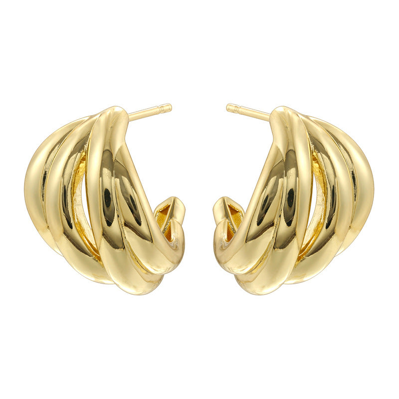 1 Pair Vintage Style 18K Gold Plated Sector Square Copper Ear Studs with Shell Stripe Texture Heart Hoops
