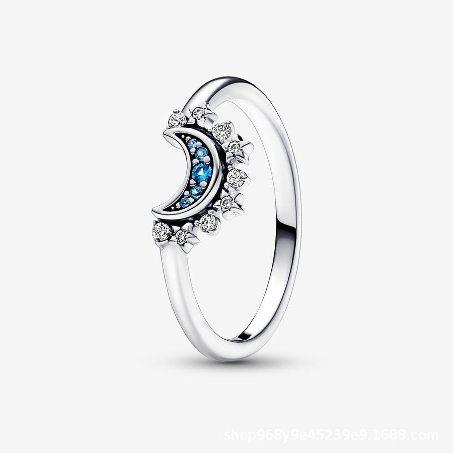 Simple Style Sun and Moon Sterling Silver Zircon Ring Set for Women