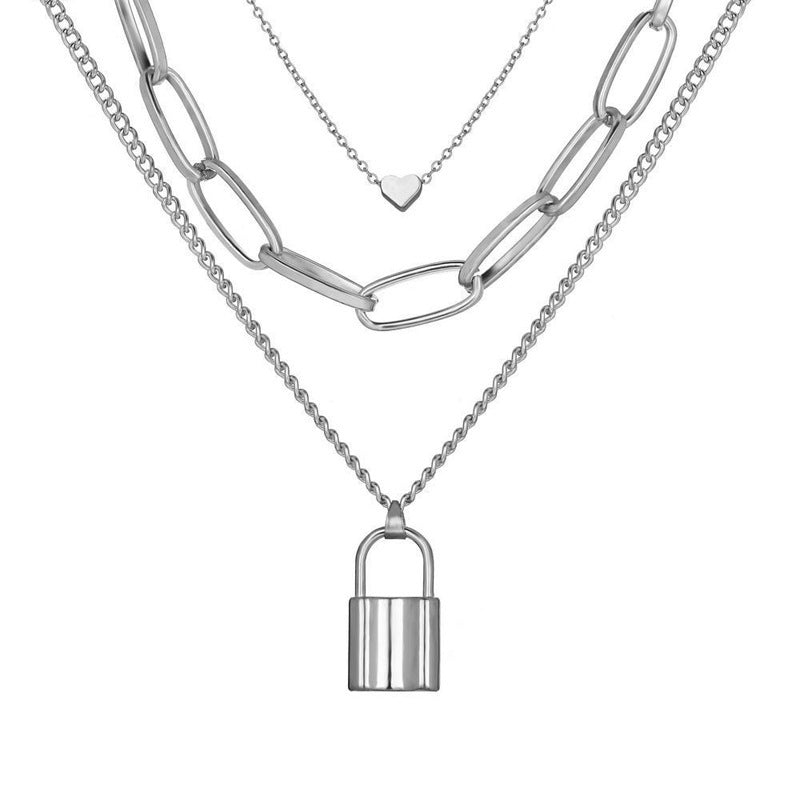 Alloy Heart Lock Multi-Layer Pendant Necklace - Minimalist Retro Design