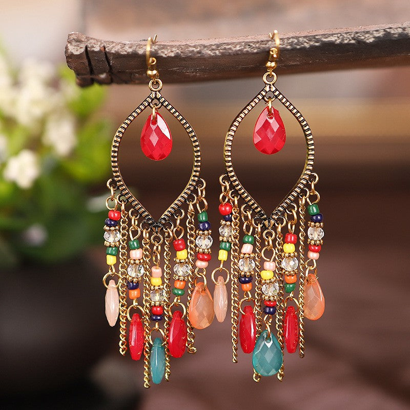 Bohemian Geometric Gold-Plated Tassel Resin Drop Earrings