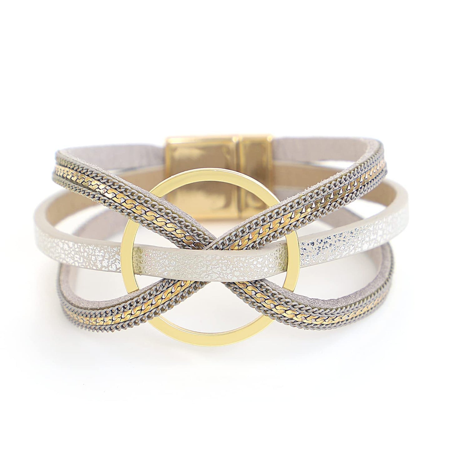 Multilayer Geometric Alloy Circle Magnetic Leather Bracelet for Women