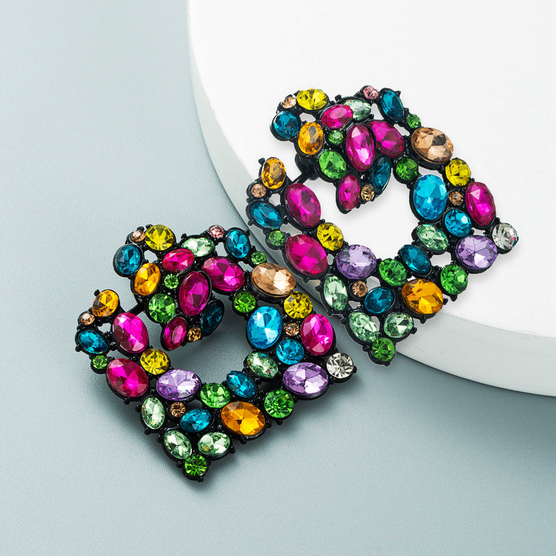 Exaggerated Geometric Square Color Rhinestone Alloy Earrings