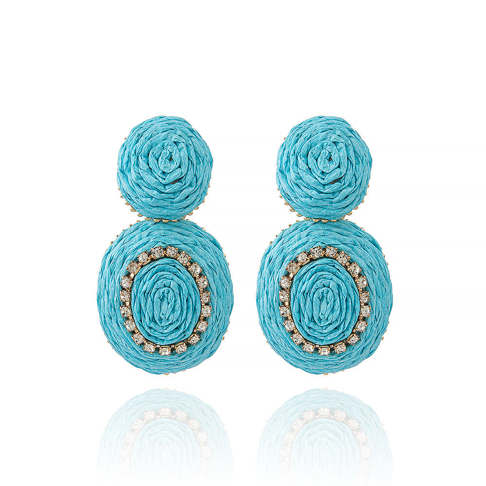 1 Pair Handmade Raffia Color Block Drop Earrings for Vacation