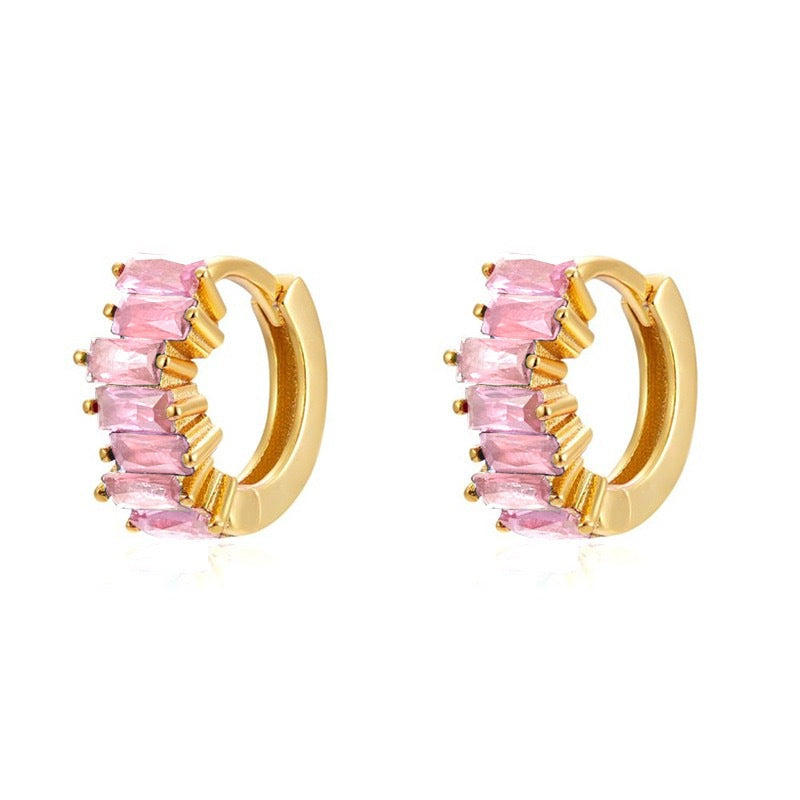 S925 Silver Needle Rectangular Zircon Stud Earrings with Colorful Zircon Hoop Design