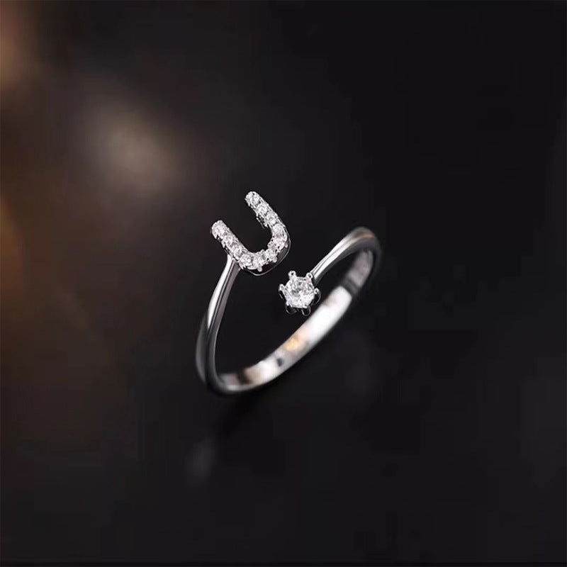 26 English Letters Zircon Sterling Silver S925 Adjustable Ring Jewelry