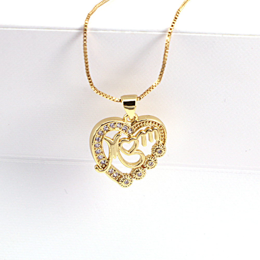 Fashion Letters MOM Heart-shaped Zircon Pendant Necklace