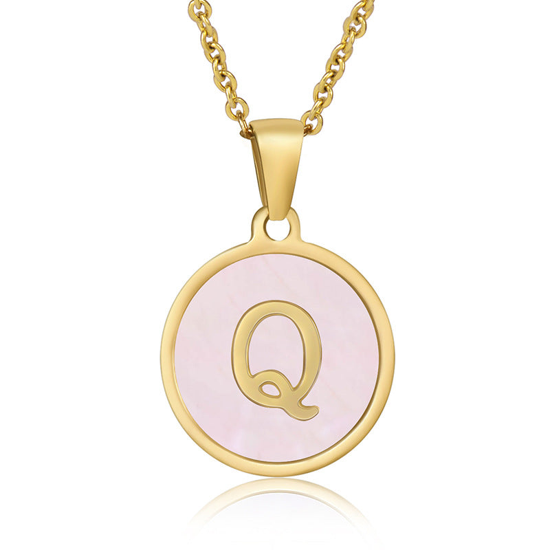 18K Gold Plated Pink Shell Round Letter Pendant Stainless Steel Necklace for Women