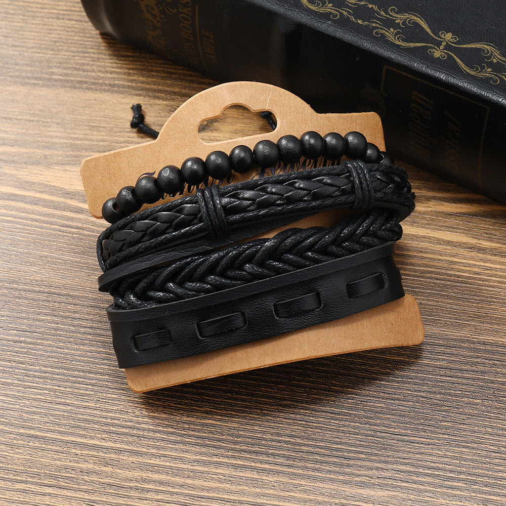 Vintage Leather & Wooden Bead Braided Bracelet Set - 4 Piece Handmade Jewelry