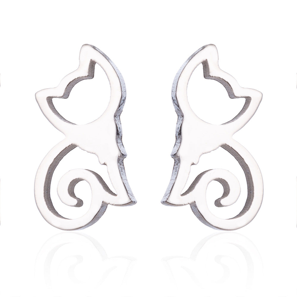 Fashion Stainless Steel Animal Ear Studs - Black Cat & Dog Design