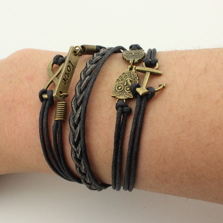 Fashion Multi-Element Leaf Heart Butterfly Owl Braided Women's Bracelet