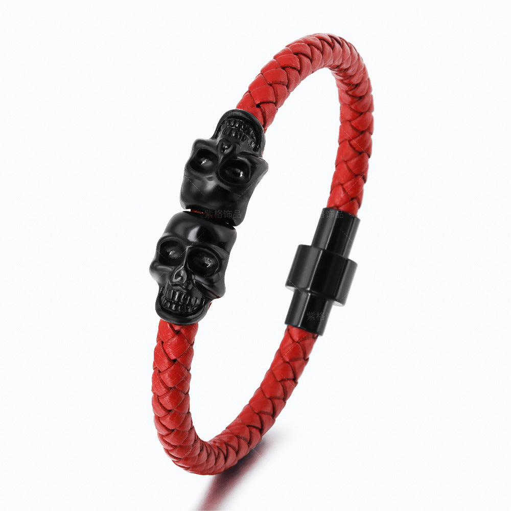 European American Cowhide Skull Magnetic Clasp Men's Bracelet
