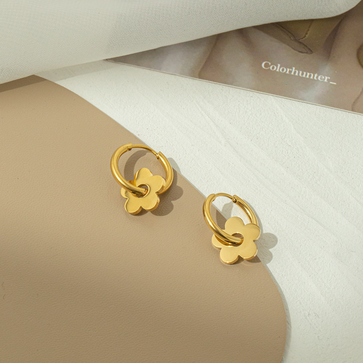 Elegant Floral 18K Gold Plated Titanium Steel Hoop Earrings
