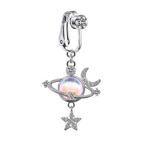 Heart Shape Butterfly Planet Fake Belly Ring - 316 Stainless Steel with Rhinestones
