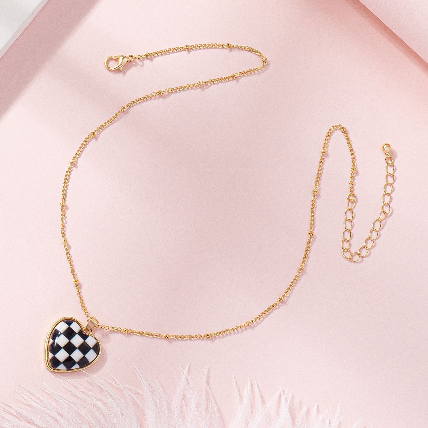 Checkerboard Heart Leopard Alloy Necklace