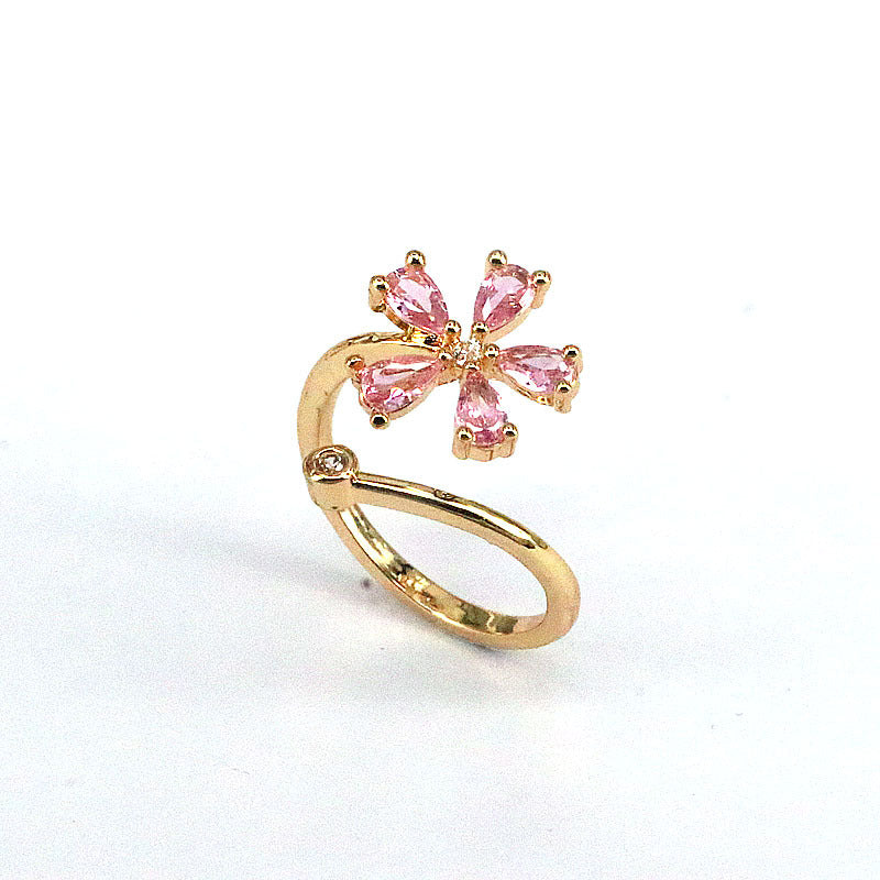 Simple Flower Zircon Adjustable Gold Plated Copper Ring
