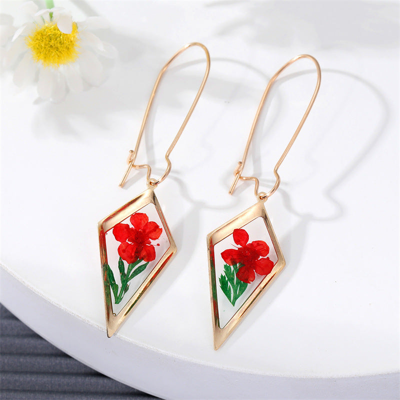 New Creative Geometric Dried Flower Epoxy Pendant Earrings