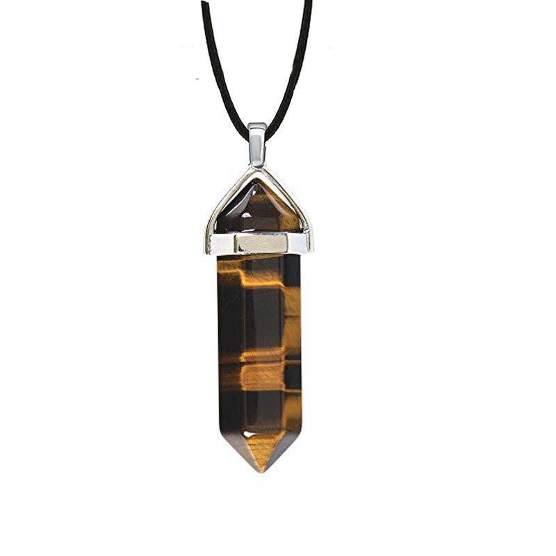 Hexagon Prism Natural Stone Leather Rope Necklace with Quartz Point Pendant