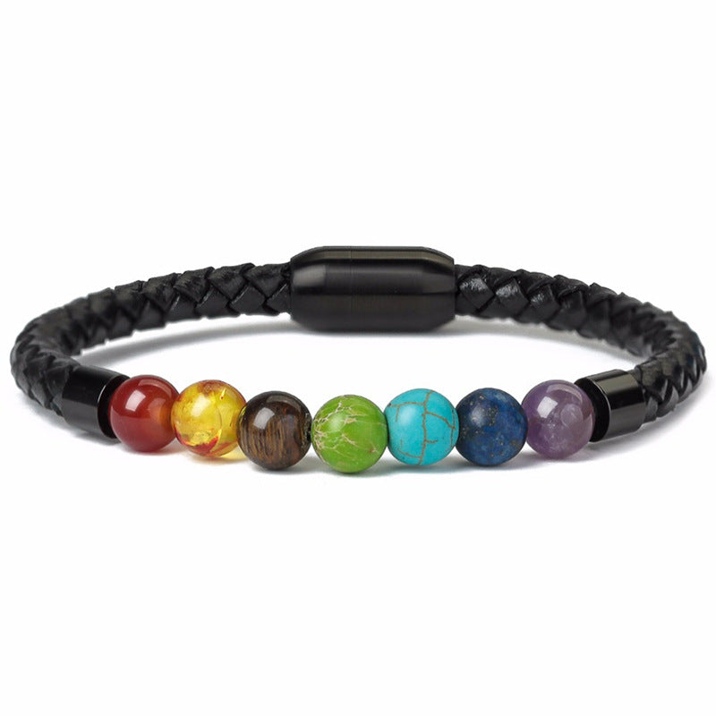 Fashion Circle PU Leather & 8mm Tiger Eye Stone Beaded Men's Bracelet with Magnetic Clasp