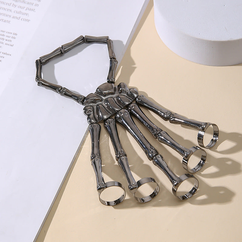 European American Punk Skull Hand Bone Ring Bracelet - Adjustable Chain for Women
