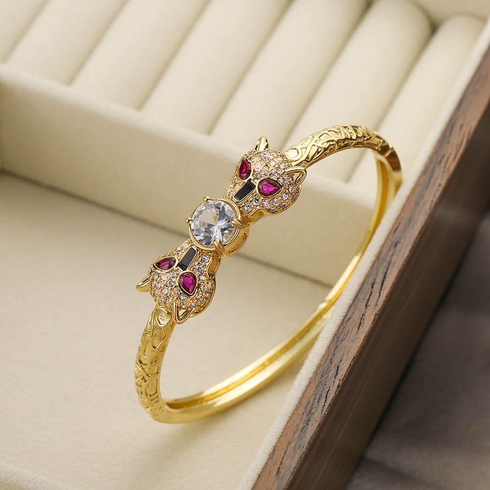 Hip-Hop Leopard Zircon 18K Gold Plated Bangle Bracelet
