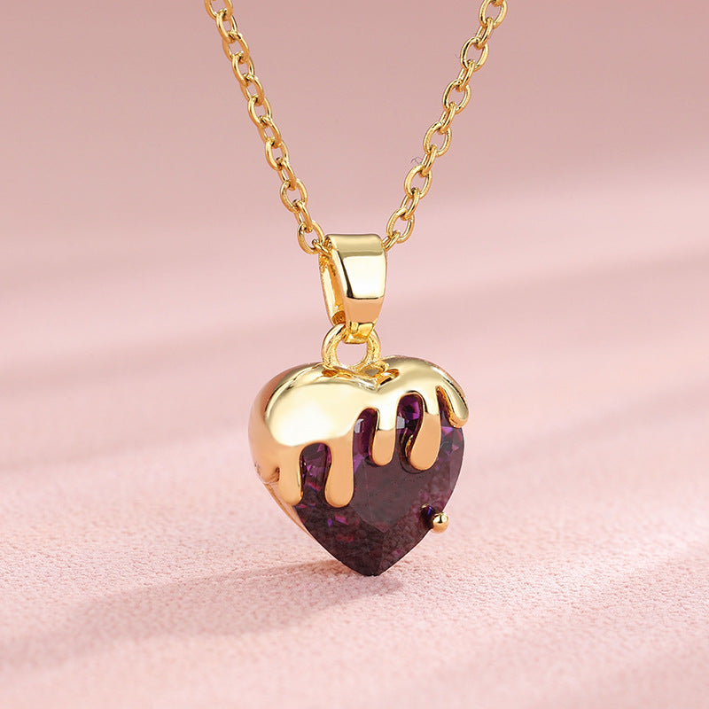 Korean Style Heart Shape Zircon Crystal Pendant Necklace in 18K Gold Plated Stainless Steel
