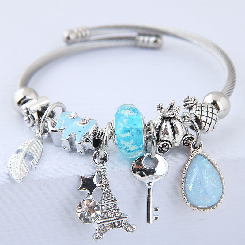 Classic Water Droplet Rhinestone Bangle with Leaf Pendant Crystal Beads Bracelet