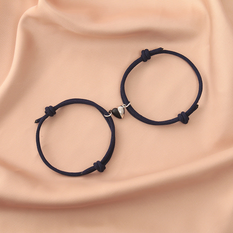 Fashion Black White Heart Magnet Rope Bracelet Pair Set Jewelry