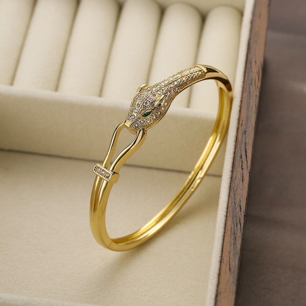 Hip-Hop Leopard Zircon 18K Gold Plated Bangle Bracelet
