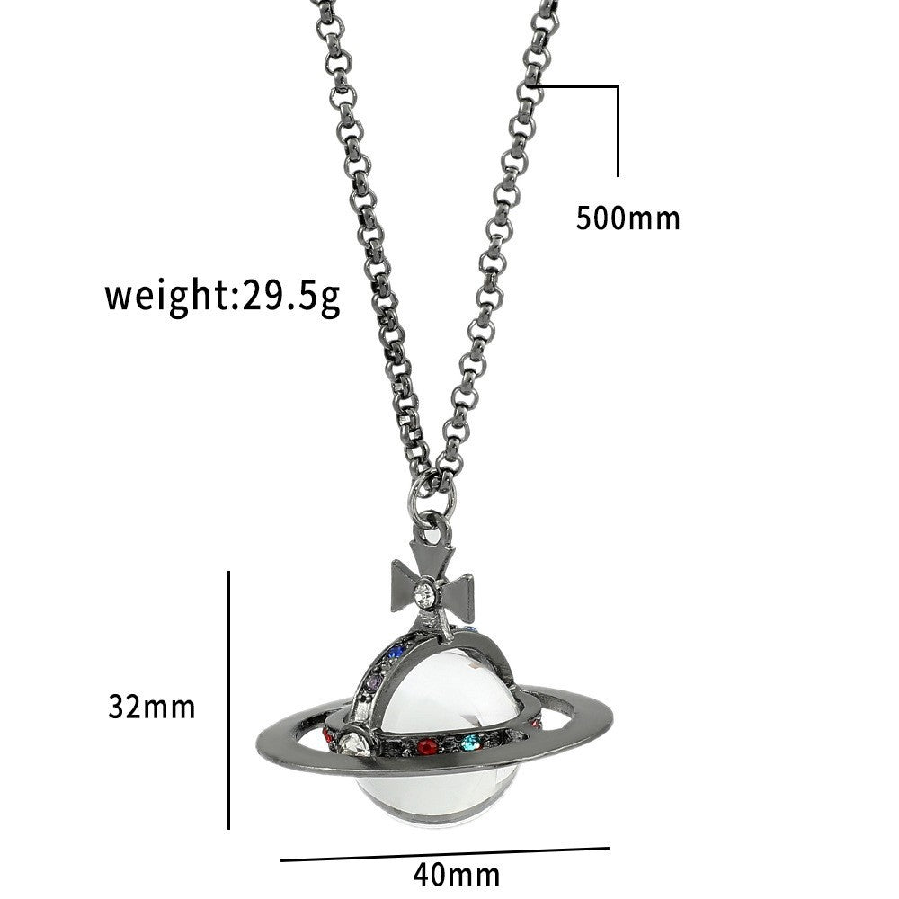 Heart Shape Alloy Pendant Necklace with Rhinestone Inlay and Glass Planet Charm