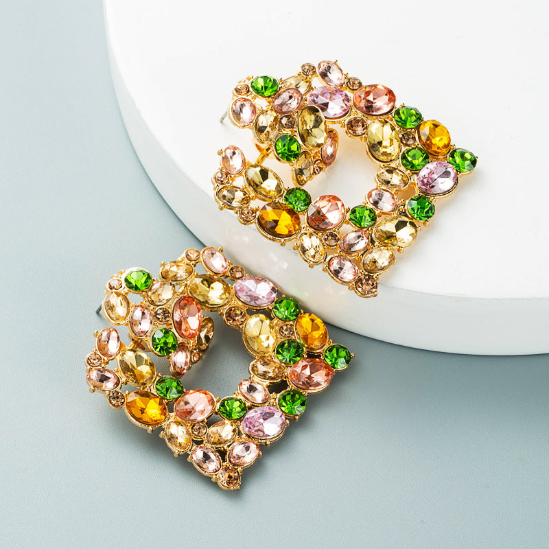 Exaggerated Geometric Square Color Rhinestone Alloy Earrings