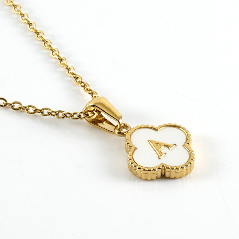Simple Clover Shell Letter Stainless Steel 18K Gold Plated Pendant Necklace