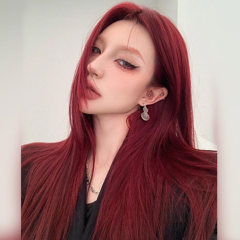 925 Silver Needle Color Diamond Heart Earrings & Natural Black Brown Long Wig with Bangs