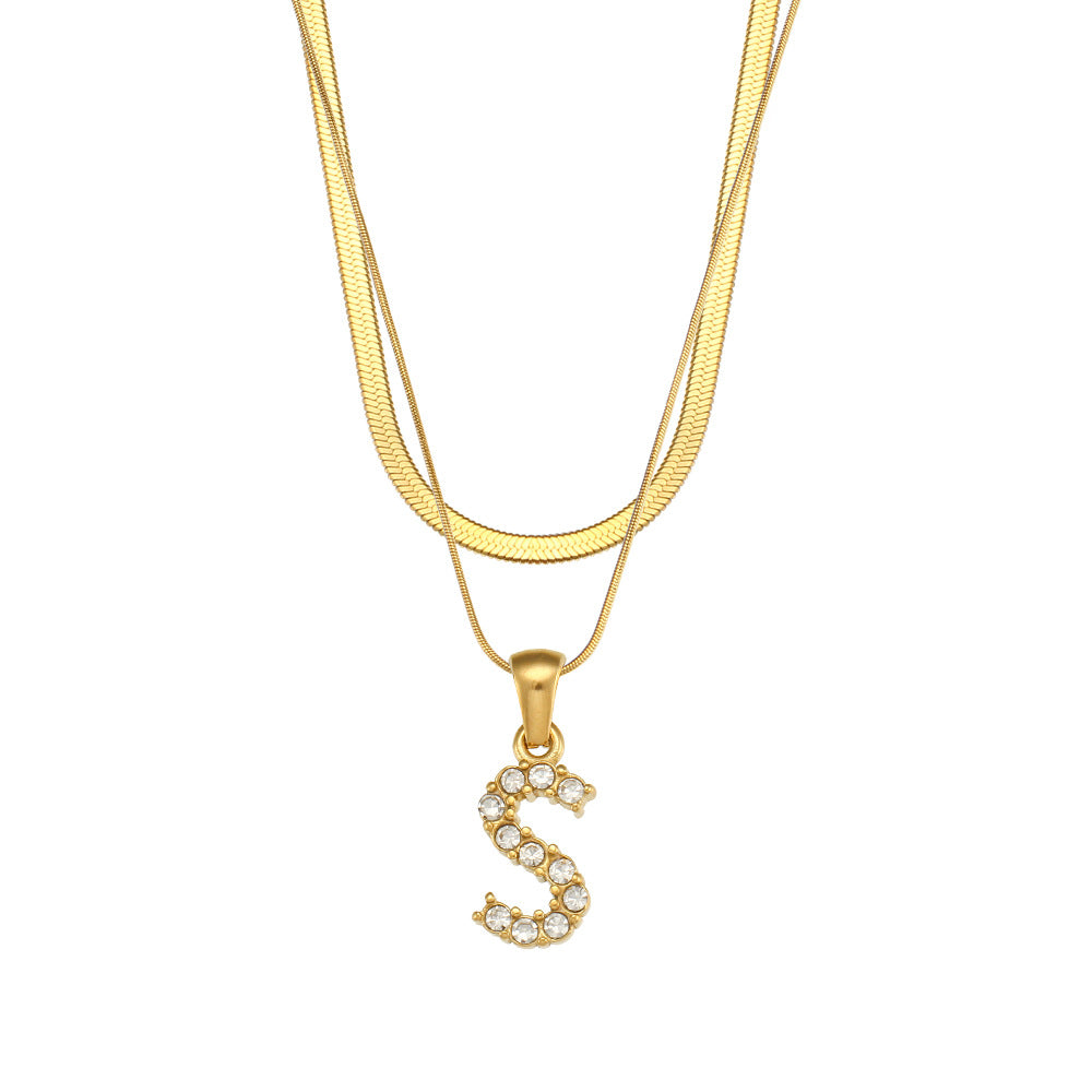 18K Gold Plated Double-Layer Zircon Letter Stainless Steel Necklace