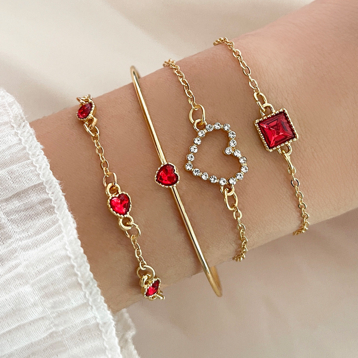 Sweet Streetwear Square Heart Gemstone Metal Bracelet Set - 4 Pieces