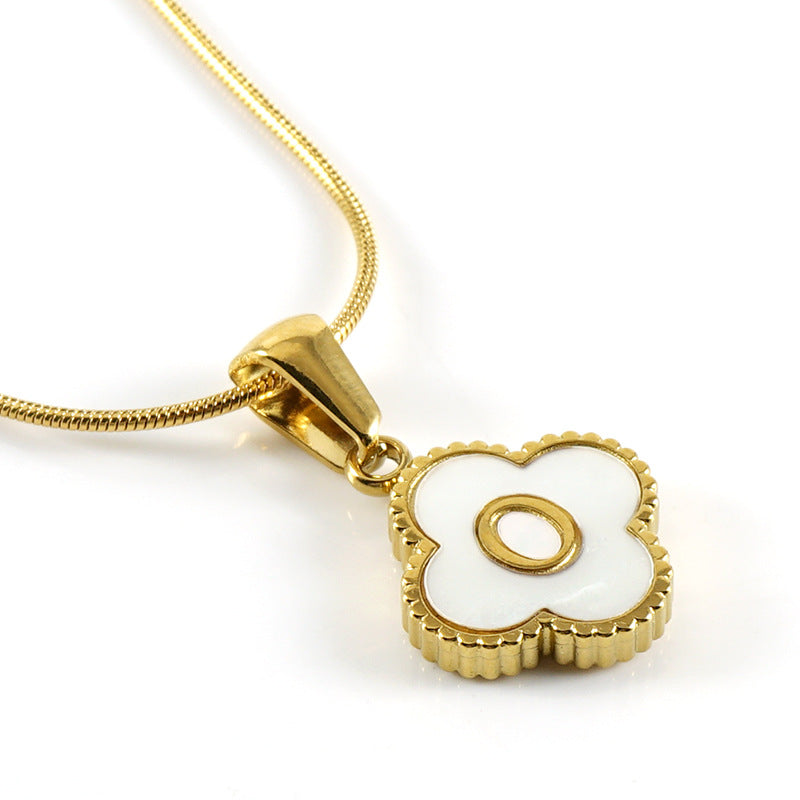 Clover Shell Letter Pendant Gold Plated Stainless Steel Snake Chain Necklace