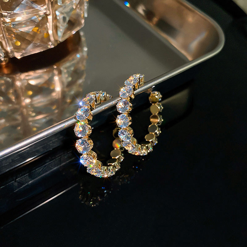 Retro Rhinestone Geometric Hoop Earrings 925 Silver Needle Luxury Statement Jewelry