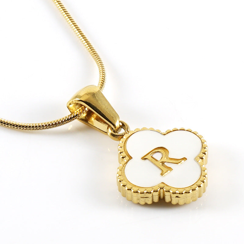 Clover Shell Letter Pendant Gold Plated Stainless Steel Snake Chain Necklace