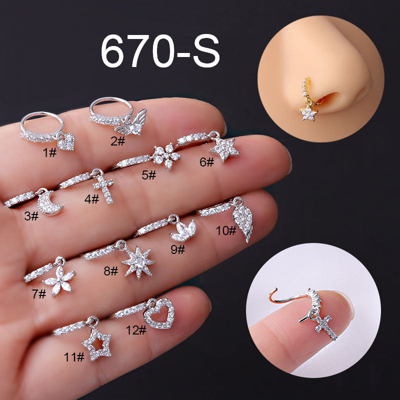 Starry Moon & Heart Zircon Nose Ring Set - Copper Jewelry 20g x 8mm