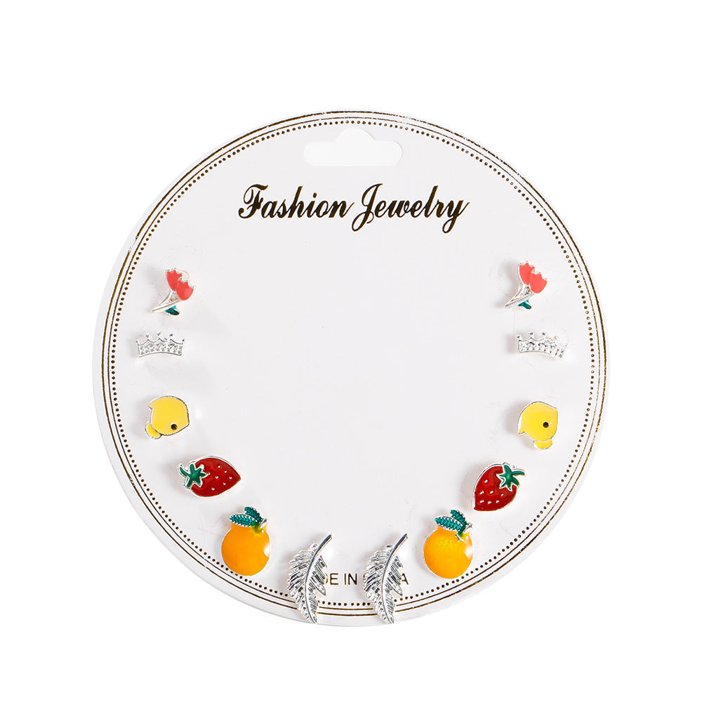 Korean Style Fruit Geometric Dripping Oil Earrings 6-Piece Set