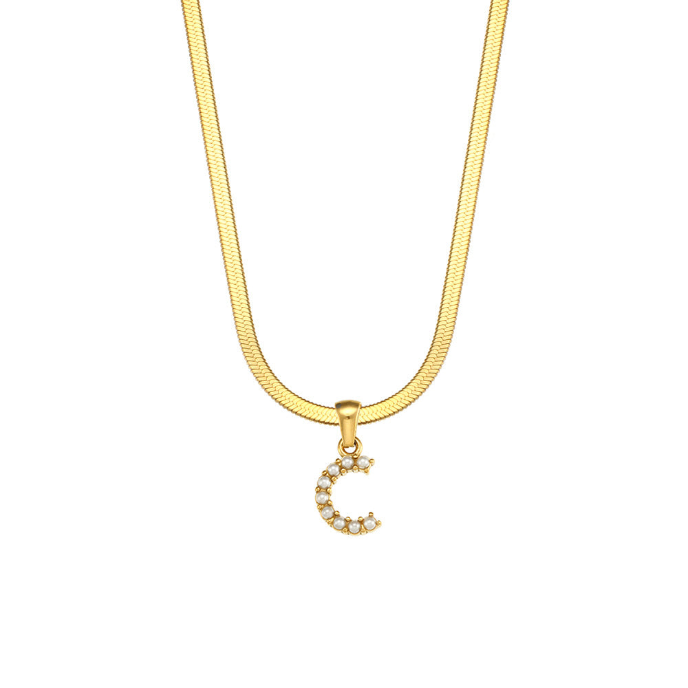 Elegant Letter Pendant Necklace with 18K Gold Plated Snake Chain and Artificial Pearls